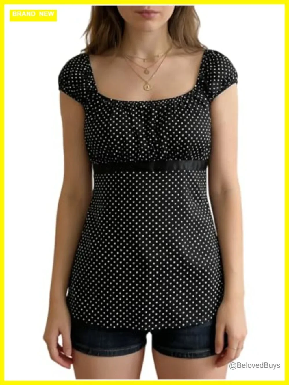 Women Y2K Fairy Grunge Babydoll Top Cap Sleeve Polka Dot Tie Back Flowy